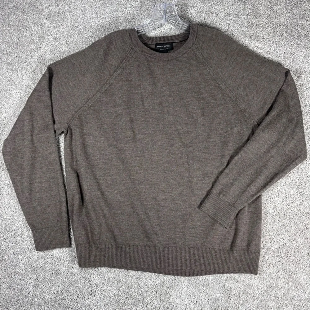 Banana Republic Mens XXL 100% Merino Wool Crew‎ Neck Raglan Sleeve Sweater Brown